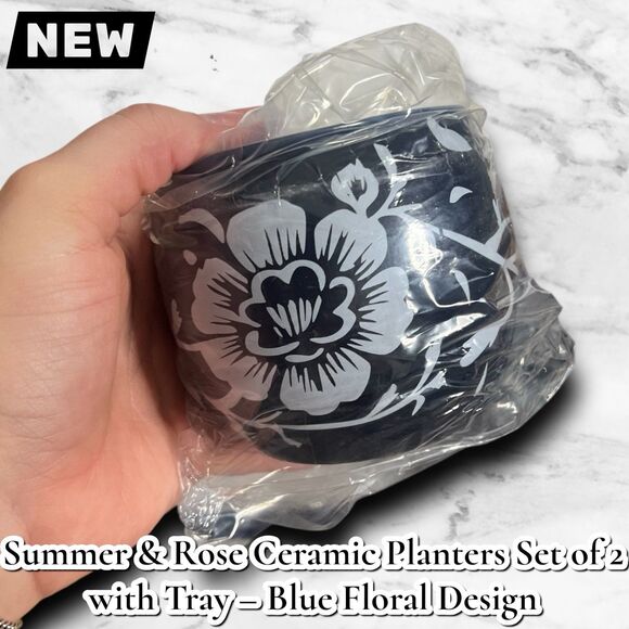 NEW Summer & Rose Ceramic Planters Set of 2 with Tray – Blue Floral Design - Picture 9 of 10